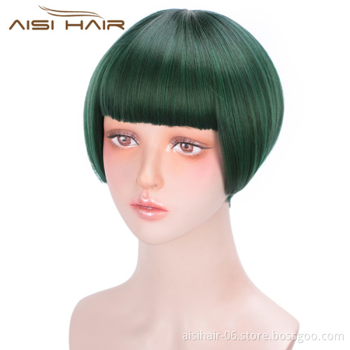 Aisi Hair Short Straight Hair Bob Wigs Synthetic Cosplay Short Wigs Heat Resistant Fiber Green Short Bob Wigs for Women